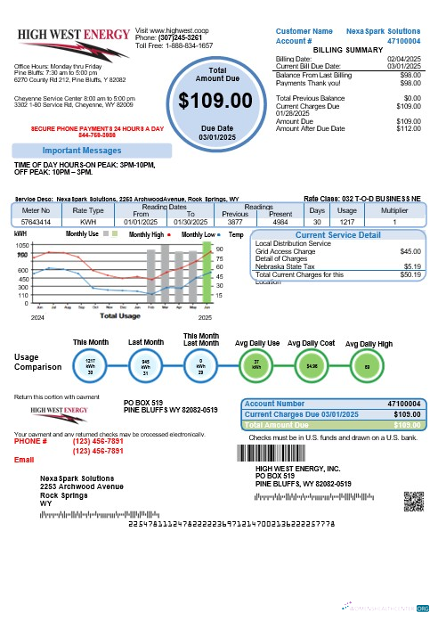 USA Wyoming High West Energy business utility bill in Word and PDF formats, version 2